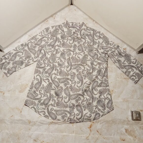 Womans Medium White Button Down Blouse Paisley Allover Print Cotton Blend Top - Picture 1 of 13
